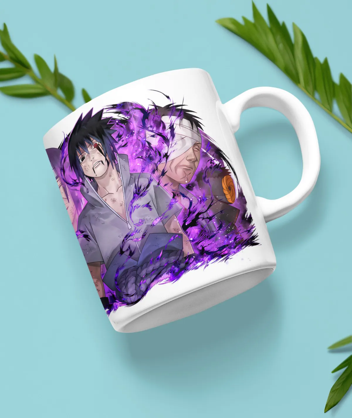 Front view of Sasuke Uchiha and Sharingan Holders white mug