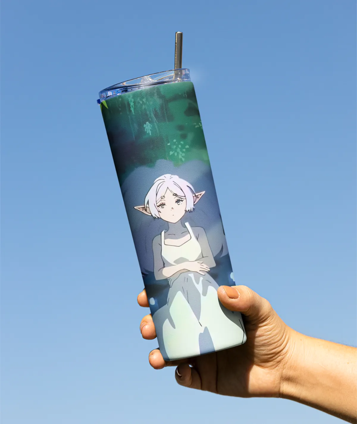 Frieren Embrace the Journey Metal Tumbler in Hand - Anime Drinkware for Fans Frieren Embrace the Journey Metal Tumbler in hand - Serene anime drinkware
