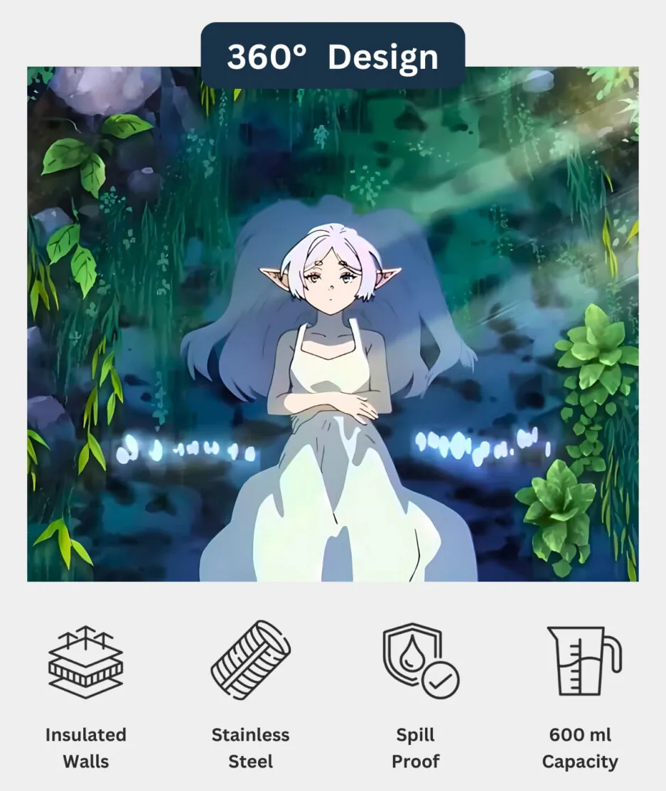 Frieren Embrace the Journey Metal Tumbler 360 design view - Full wrap-around anime artwork
