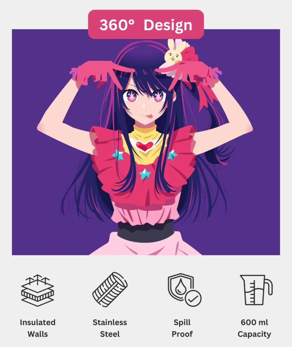 Ai Hoshino The Idol Oshi no Ko Metal Tumbler 360 design view - Full wrap-around anime artwork