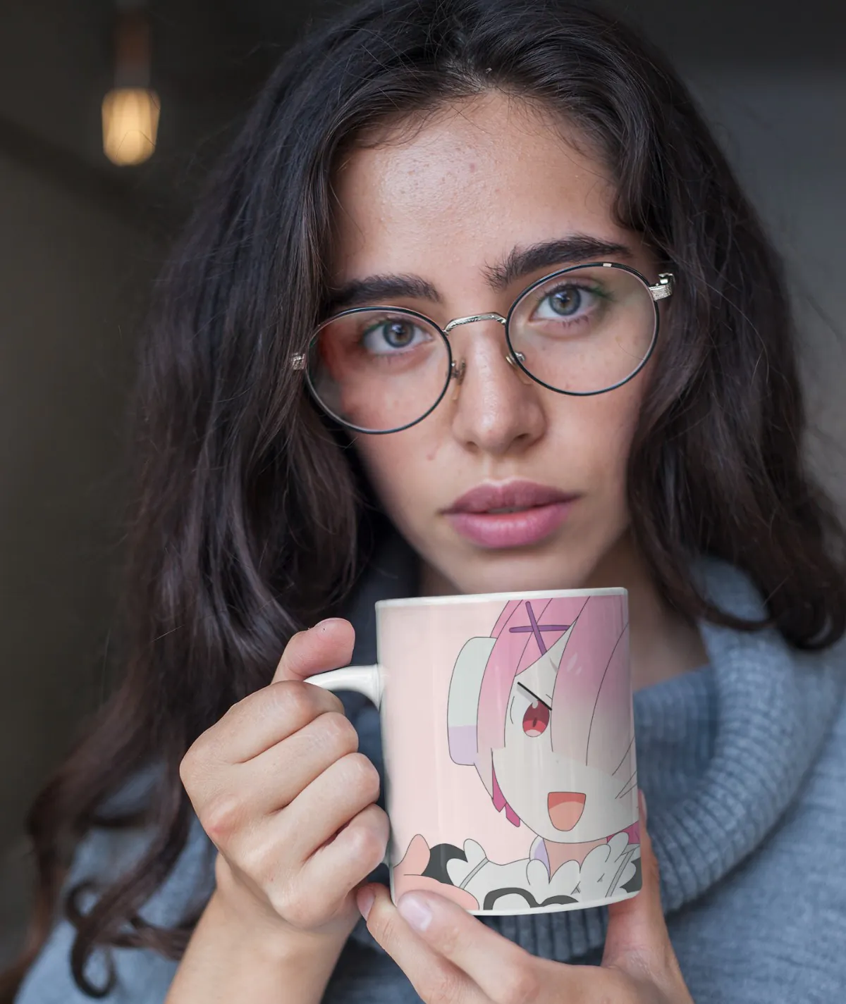 ReZero Cute Ram White Mug – Anime Mug in Use Woman holding ReZero Cute Ram white mug