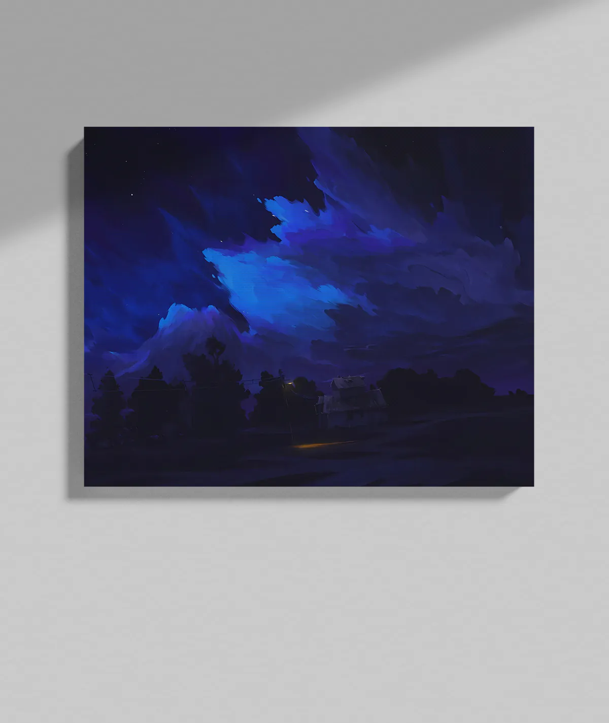 Midnight Glow canvas poster on grey wall - Elegant glow with a serene, modern touch
