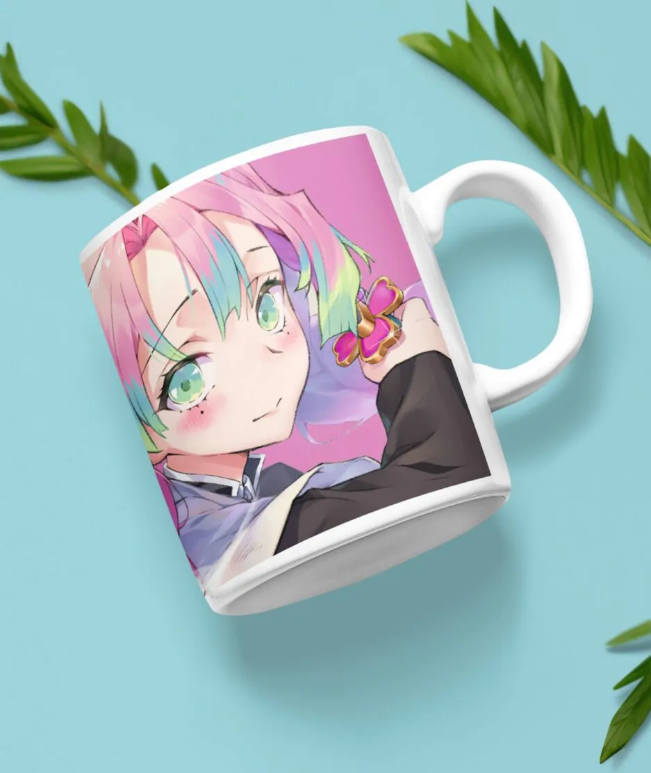 Front view of Mitsuri Kanroji Demon Slayer white mug