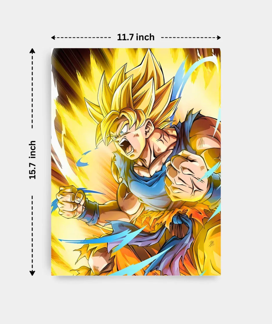 Goku Super Saiyan 2 metal poster dimensions - Displays the size and proportions of the Goku metal poster for precise fitting