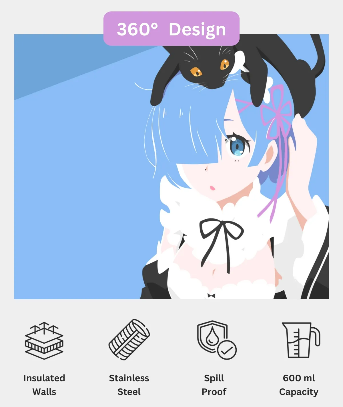 Cute Rem ReZero Metal Tumbler 360 design view - Full wrap-around anime artwork