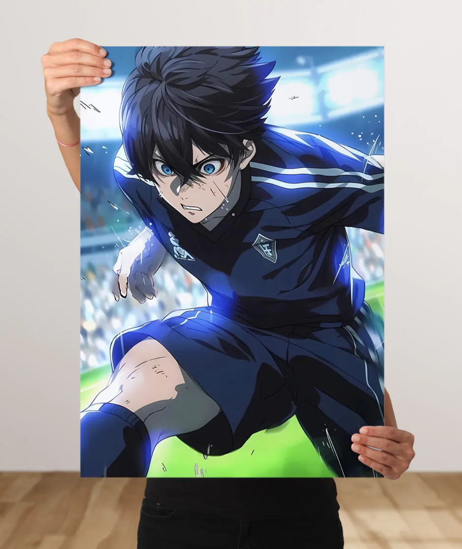 Isagi Yoichi metal poster - A bold and dynamic metal artwork of Isagi Yoichi in action, displaying his soccer prowess