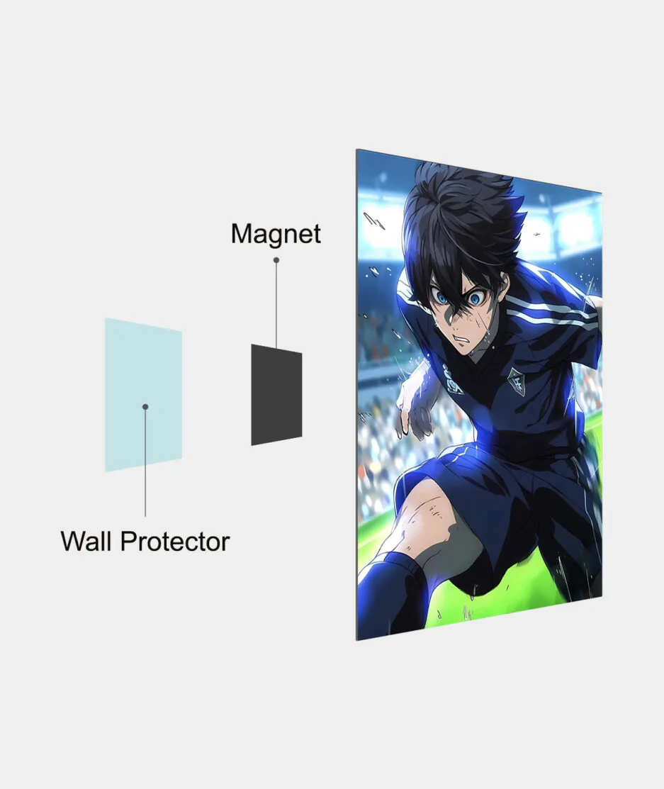 Isagi Yoichi metal poster mounted on a wall - The Isagi Yoichi poster affixed to a wall, emphasizing his focus and drive