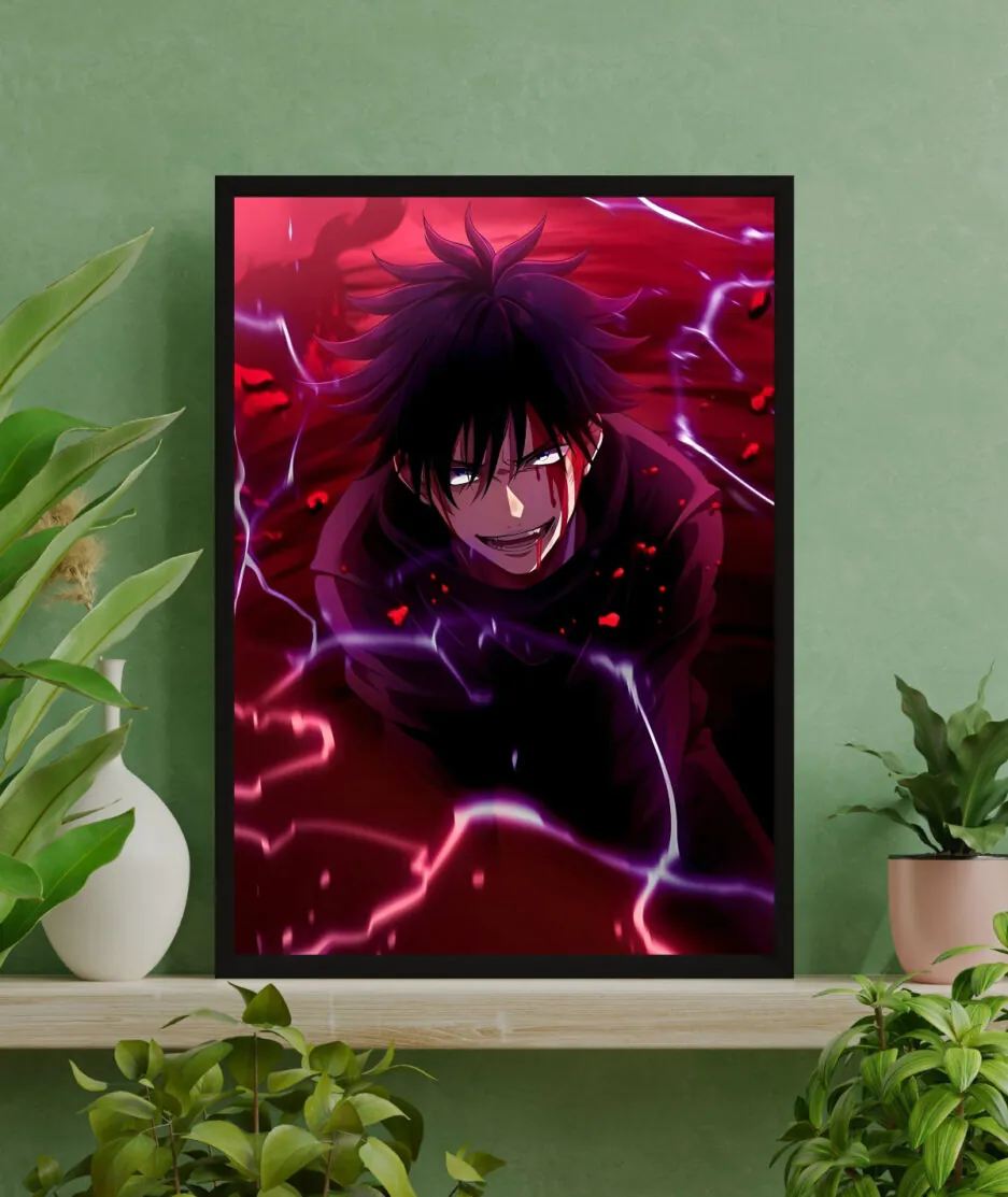 Megumi's Spirit Jujutsu Kaisen framed poster on green interior - Framed artwork of Megumi surrounded by spirit animals, displayed against a serene green backdrop