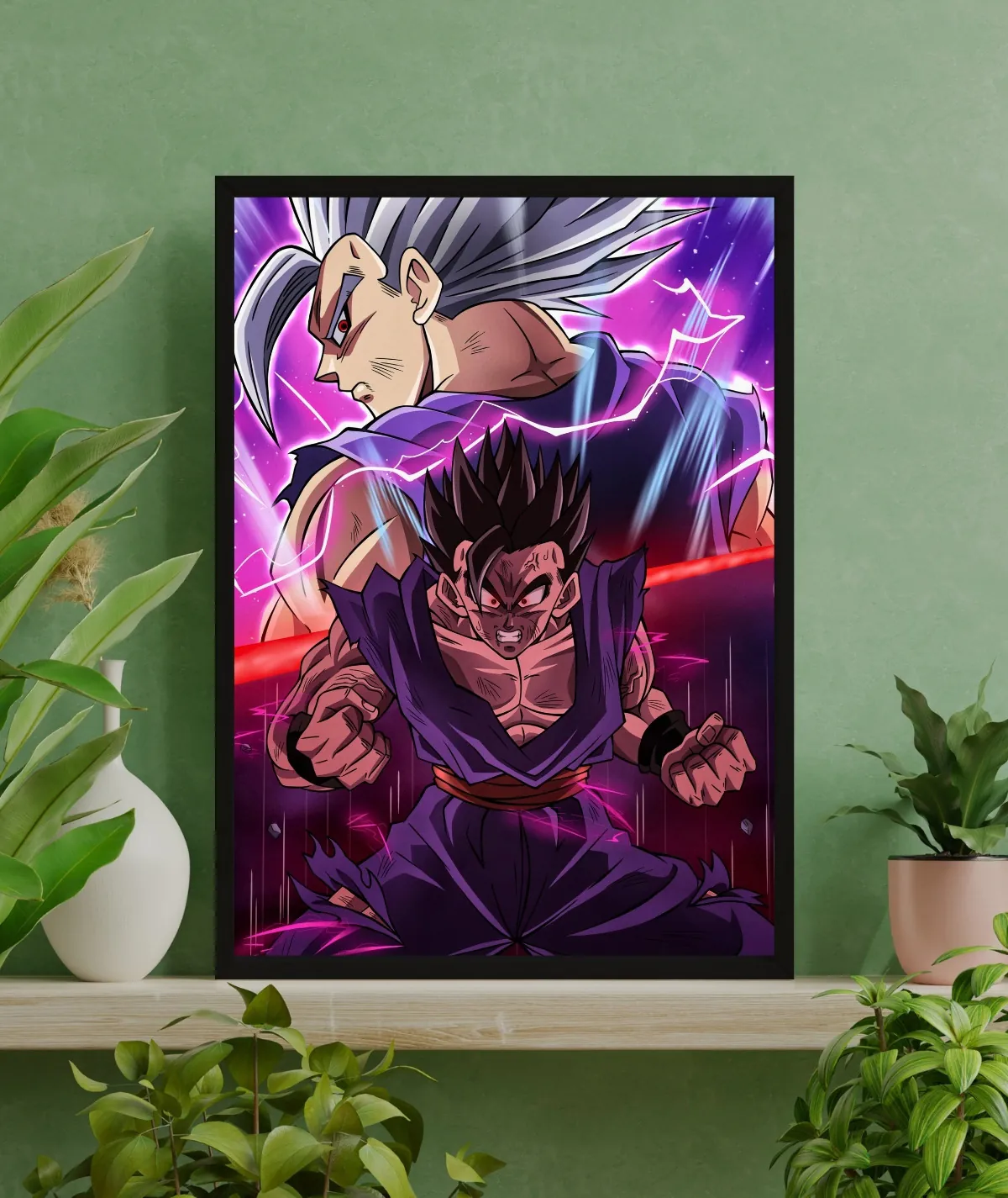 Gohan Primal Power framed poster on green interior - Framed artwork of Gohan from Dragon Ball Z, unleashing his primal power in a dynamic green interior backdrop