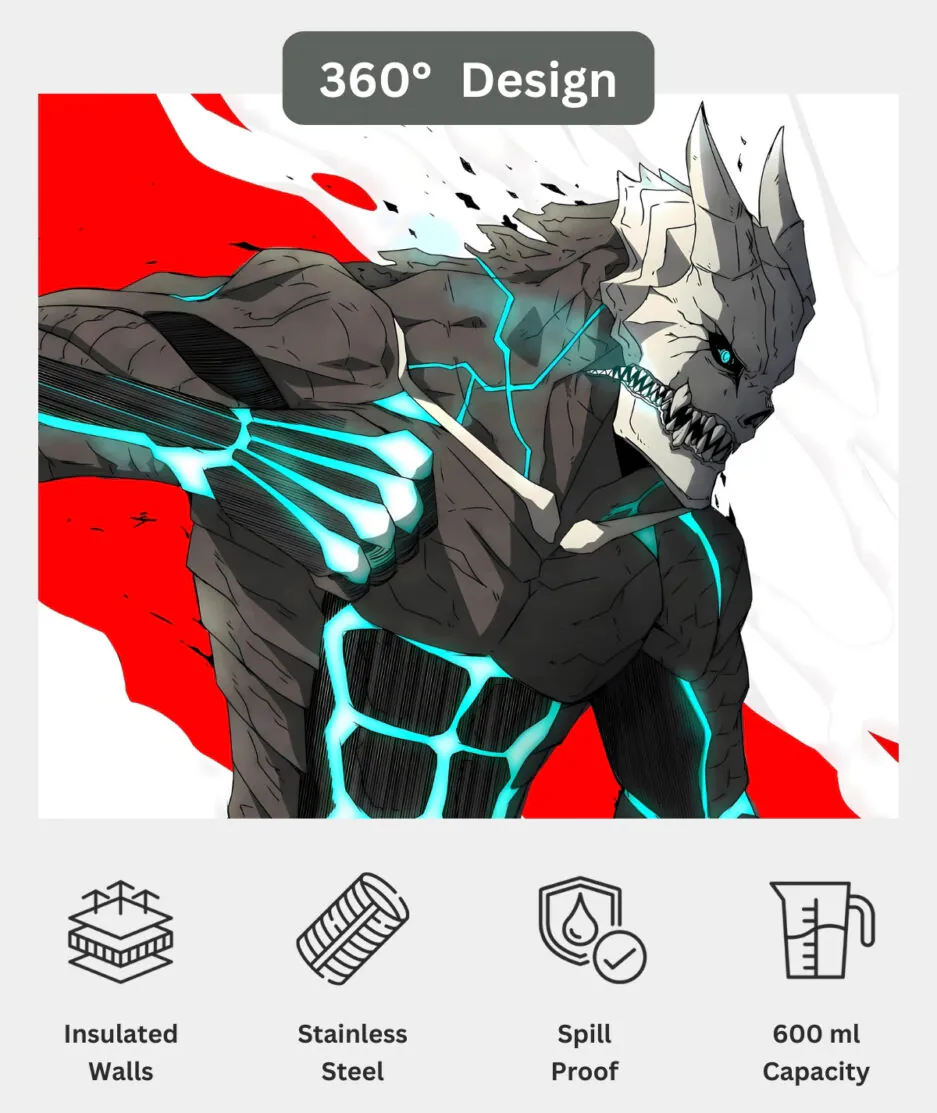 Kaiju No. 8 Metal Tumbler 360 design view - Full wrap-around anime artwork