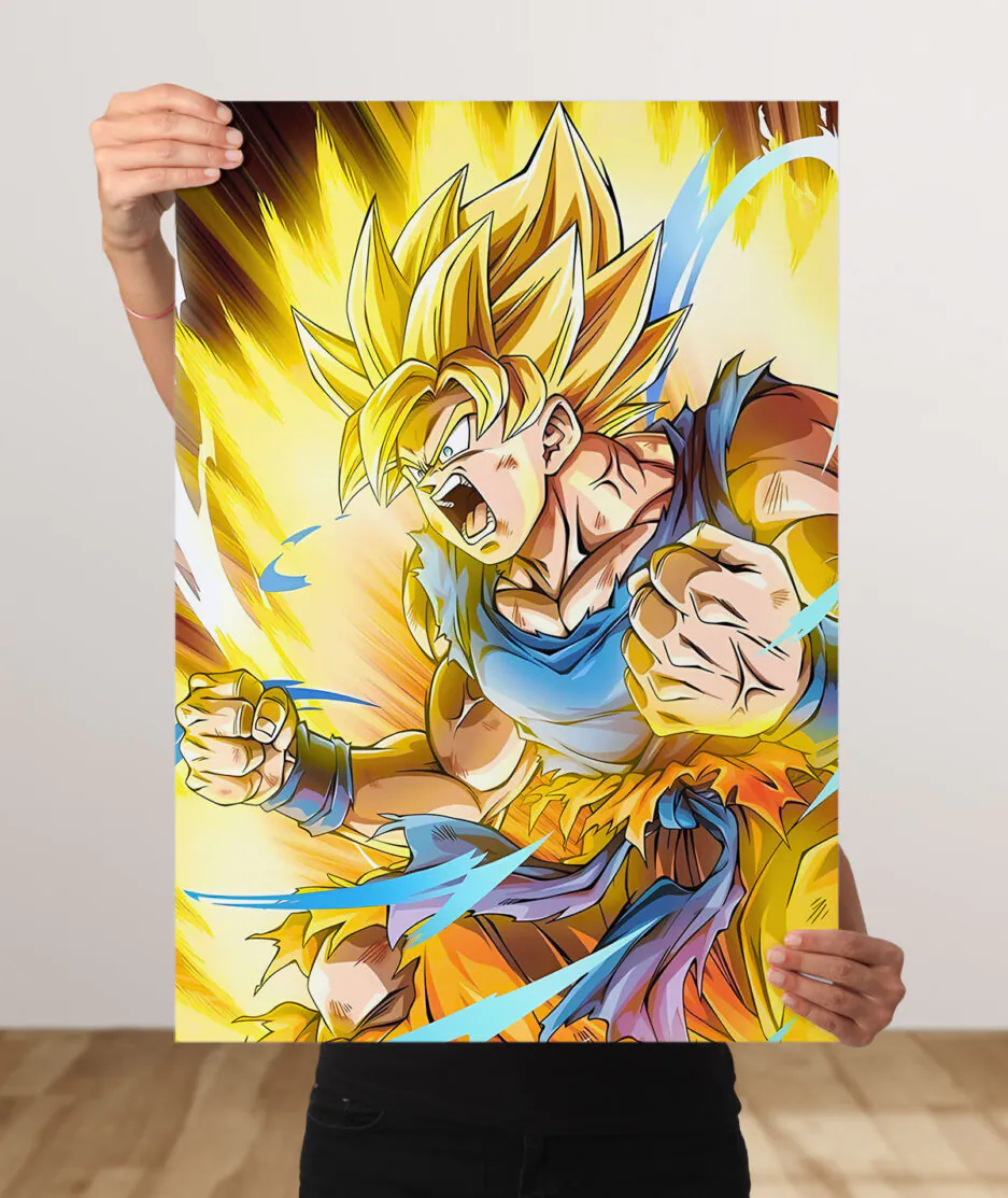 Goku Super Saiyan 2 metal poster - A powerful metal artwork of Goku in his Super Saiyan 2 form, radiating energy and determination