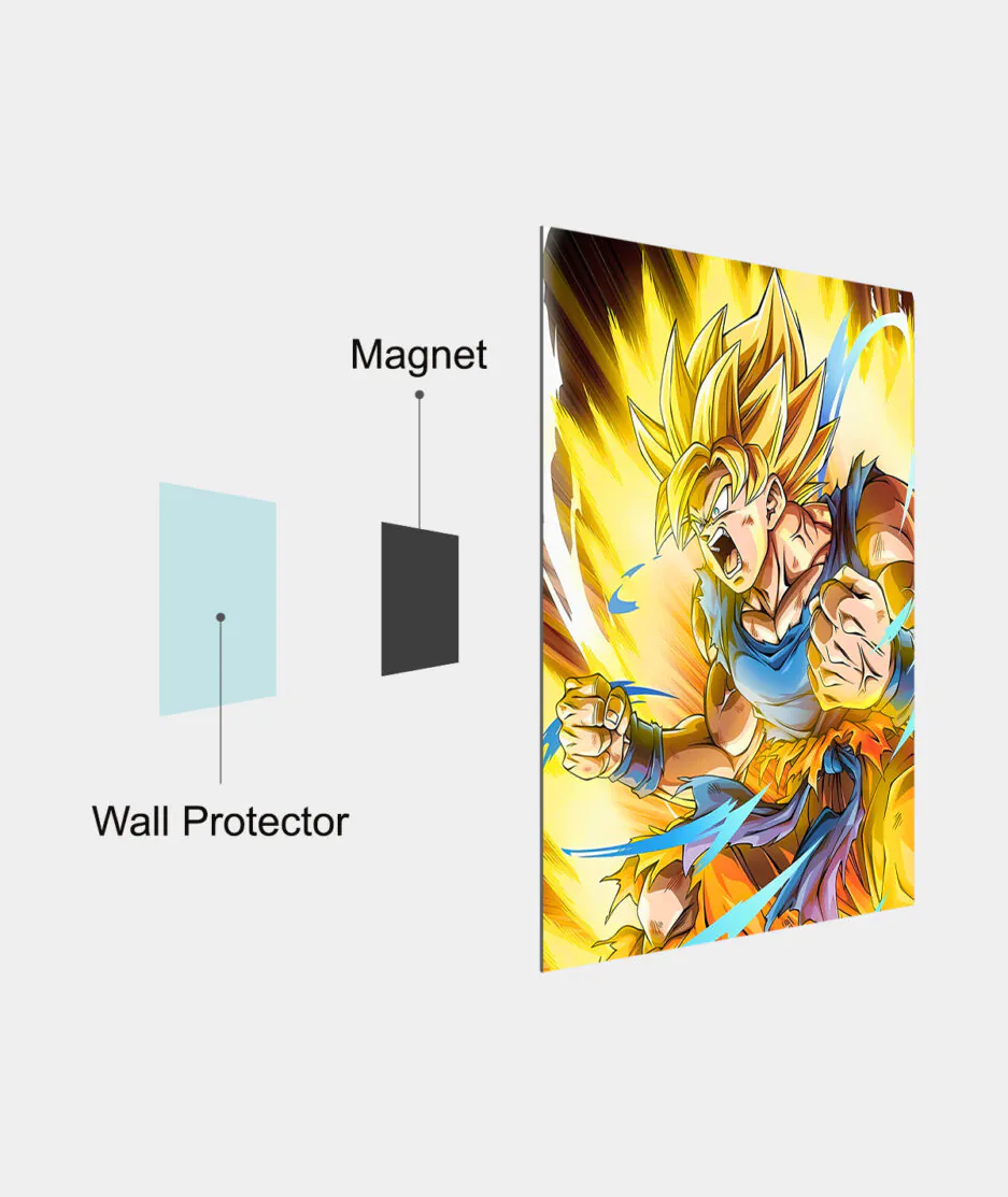 Goku Super Saiyan 2 metal poster mounted on a wall - The iconic Goku poster affixed to a wall, emanating his transformative energy