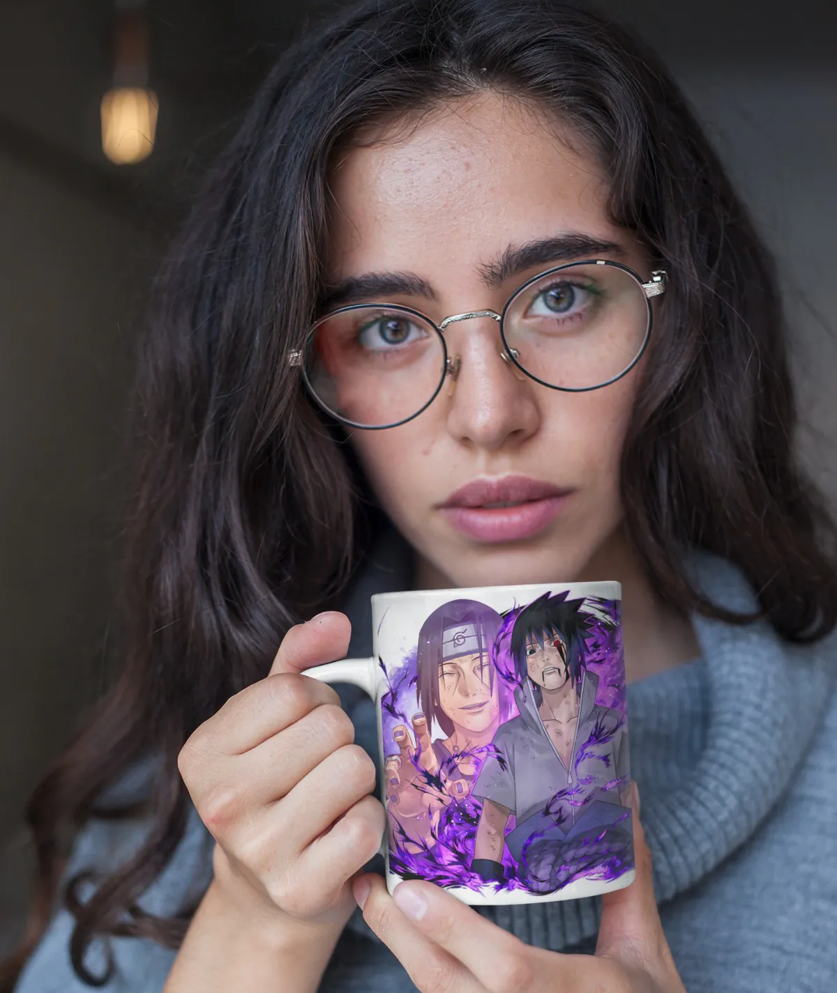 Woman holding Sasuke Uchiha and Sharingan Holders white mug