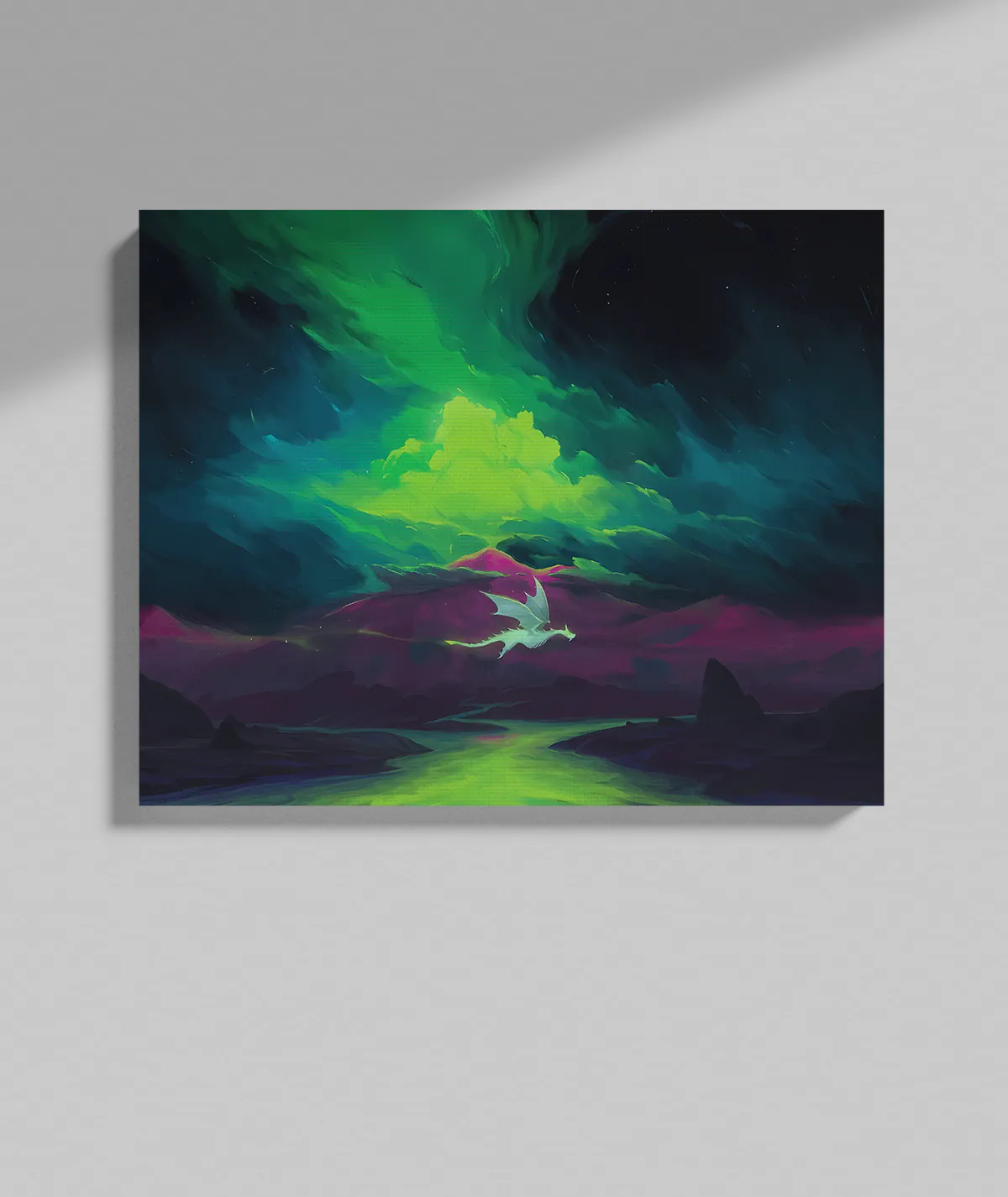 Soaring Dragon Canvas Poster on Grey Wall Soaring Dragon canvas poster on grey wall - Elegant dragon artwork for modern decor