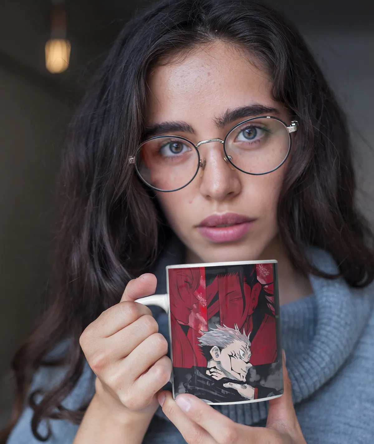 Sukuna and Itadori White Mug – In Hand View Woman holding Sukuna and Itadori white mug