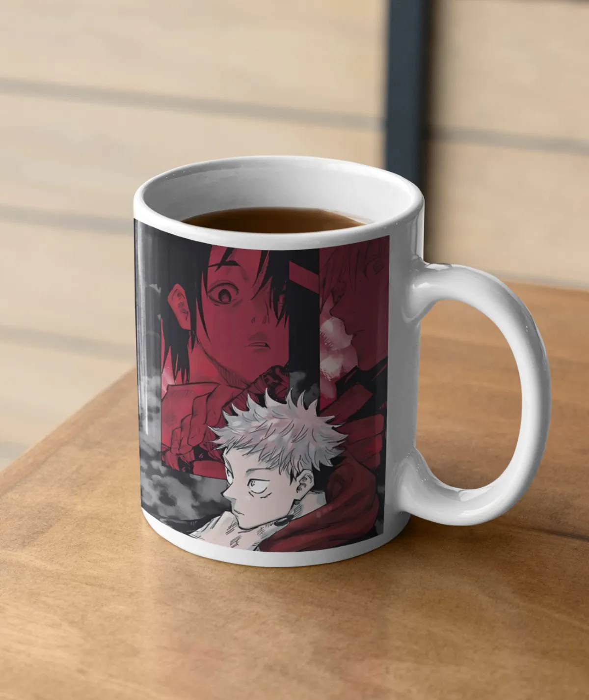 Sukuna and Itadori White Mug – Tabletop View Sukuna and Itadori white mug on table