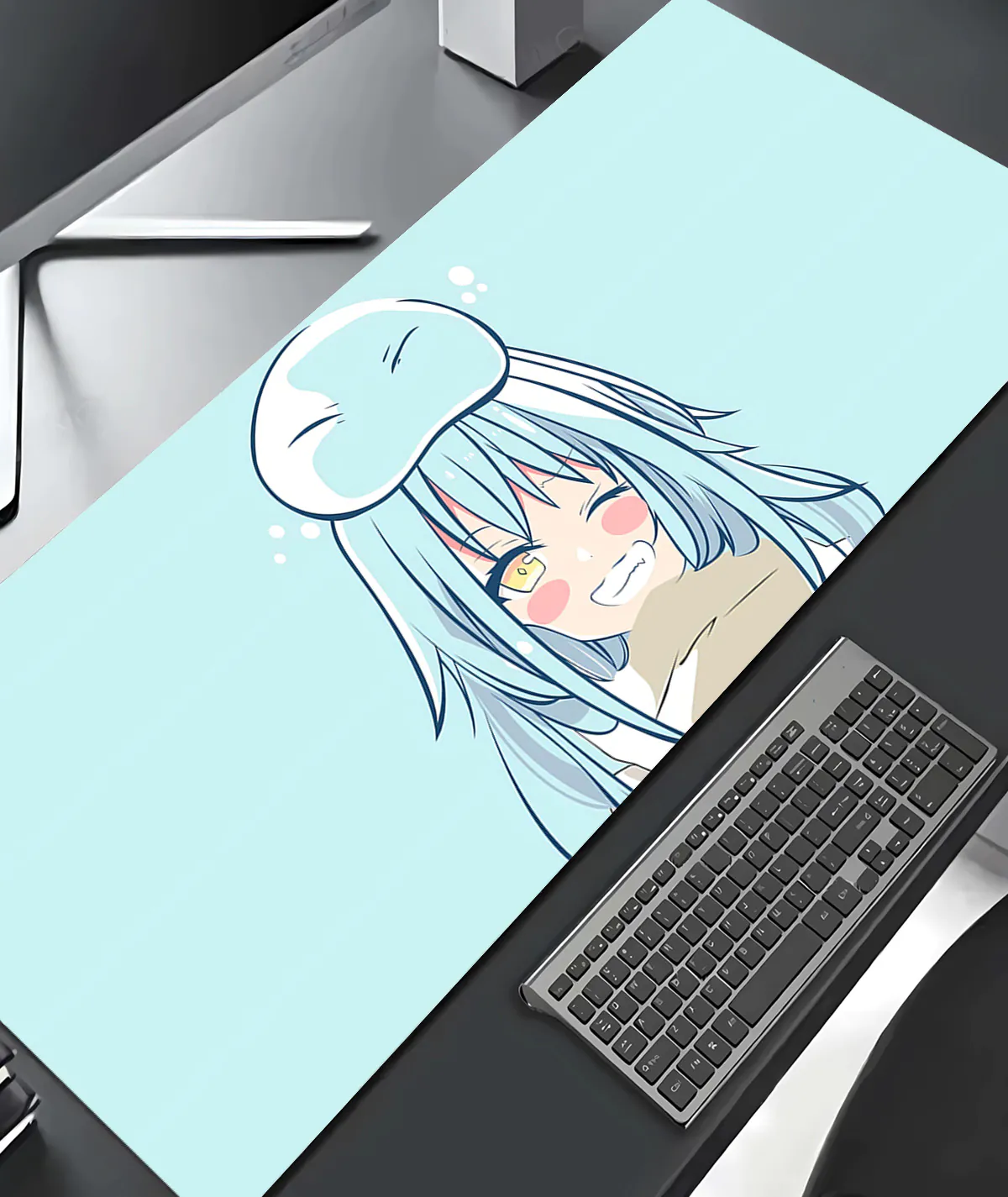 Rimuru Tempest Blue gaming mousepad on anime desktop setup - Bold and colorful addition to your gaming space