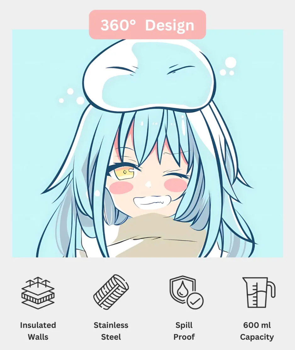 Rimuru Tempest Cute Blue Metal Tumbler 360 design view - Full wrap-around anime artwork