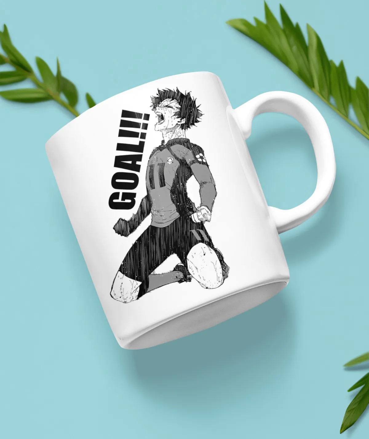Isagi Yoichi Goal White Mug – Front View Front view of Isagi Yoichi Goal white mug