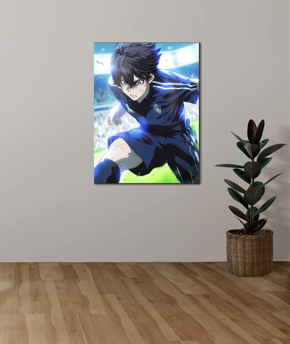 Isagi Yoichi metal poster on white wall - The bold image of Isagi Yoichi on a clean white wall, capturing his fierce passion for soccer