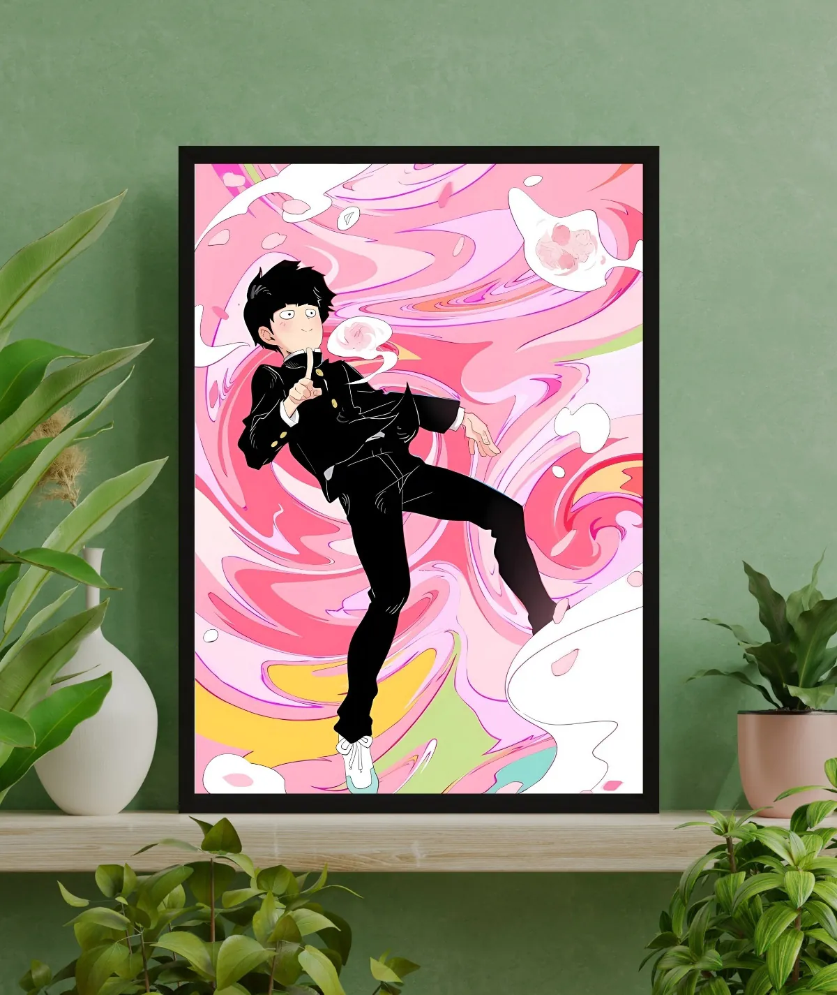 Unleash Psychic Energy Mob Psycho Pink Framed Poster on Green Interior Unleash Psychic Energy Mob Psycho Pink framed poster on green interior - Framed artwork of Mob from Mob Psycho 100 radiating psychic energy, displayed against a green backdrop
