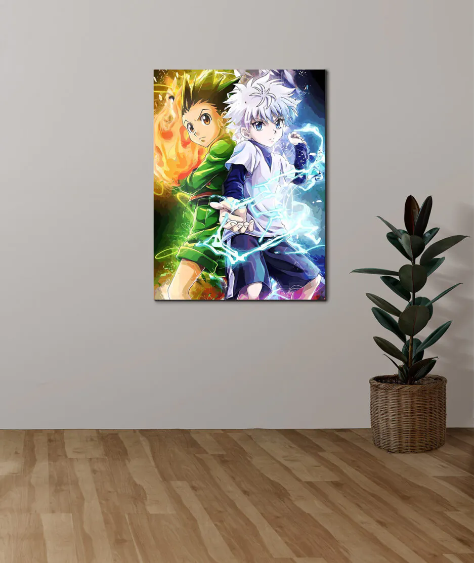 Hunter x Hunter Epic Duo metal poster on white wall - Bold design featuring Gon and Killua, displayed on a clean white wall