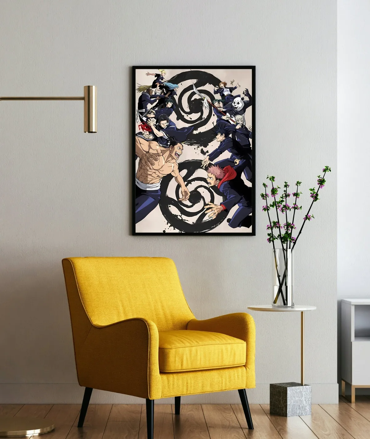 Jujutsu Showdown Battle Framed Poster on Wall Jujutsu Showdown Battle framed poster on wall - Framed poster featuring an intense battle from Jujutsu Kaisen, displayed on a wall for a dramatic effect