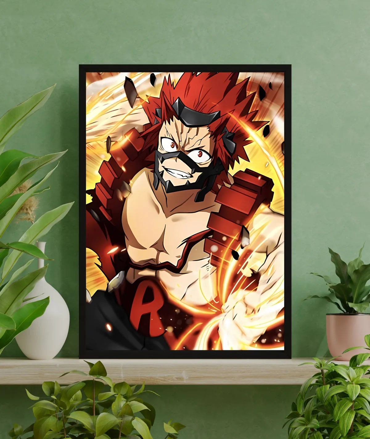 Kirishima Unbreakable Spirit framed poster on green interior - Framed poster of Kirishima from My Hero Academia, displayed against a green backdrop, emphasizing his unyielding determination