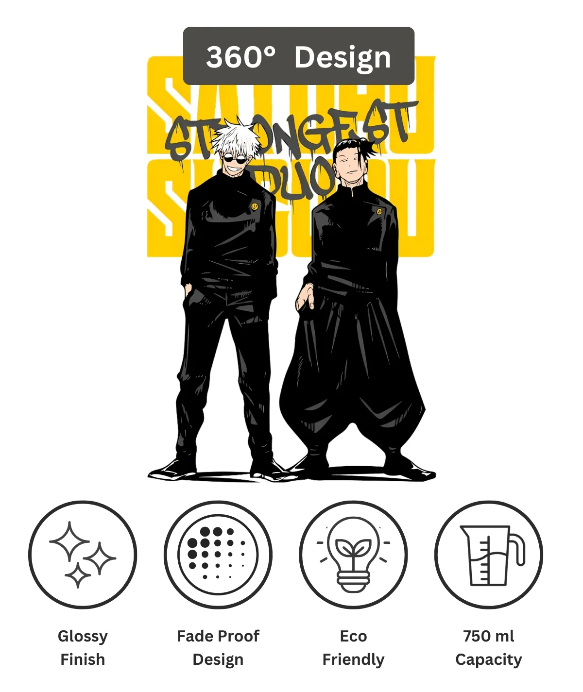 Gojo and Geto Duo Sipper Bottle – 360° View of Jujutsu Kaisen Artwork Gojo and Geto duo sipper bottle 360° view – Jujutsu Kaisen design