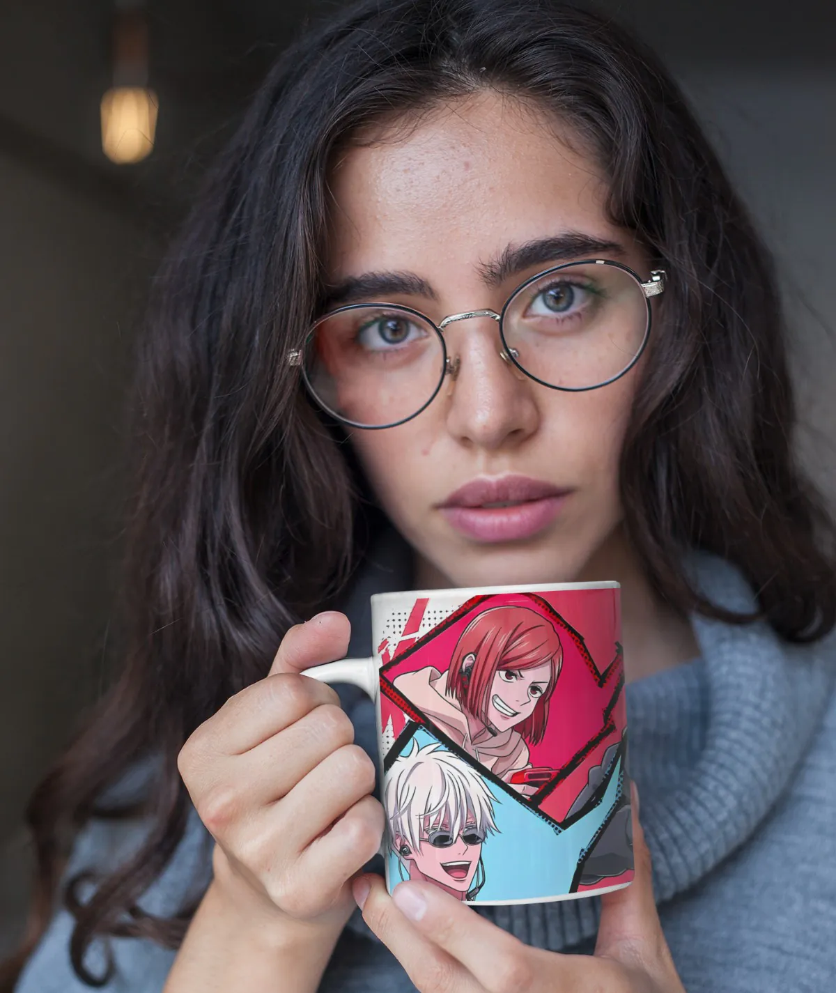 Woman holding Jujutsu Kaisen Unite for Battle white mug