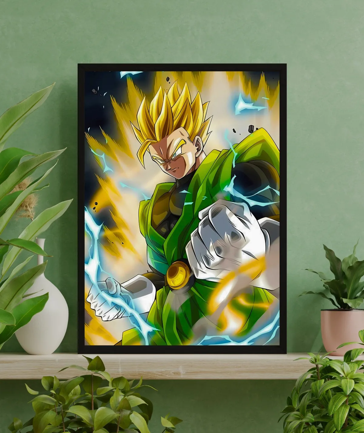 Gohan Super Saiyan 2 framed poster on green interior - Framed artwork of Gohan in his Super Saiyan 2 form, displayed against a green interior, creating a powerful contrast