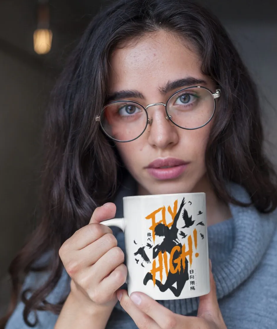 Woman holding Haikyuu Fly High white mug