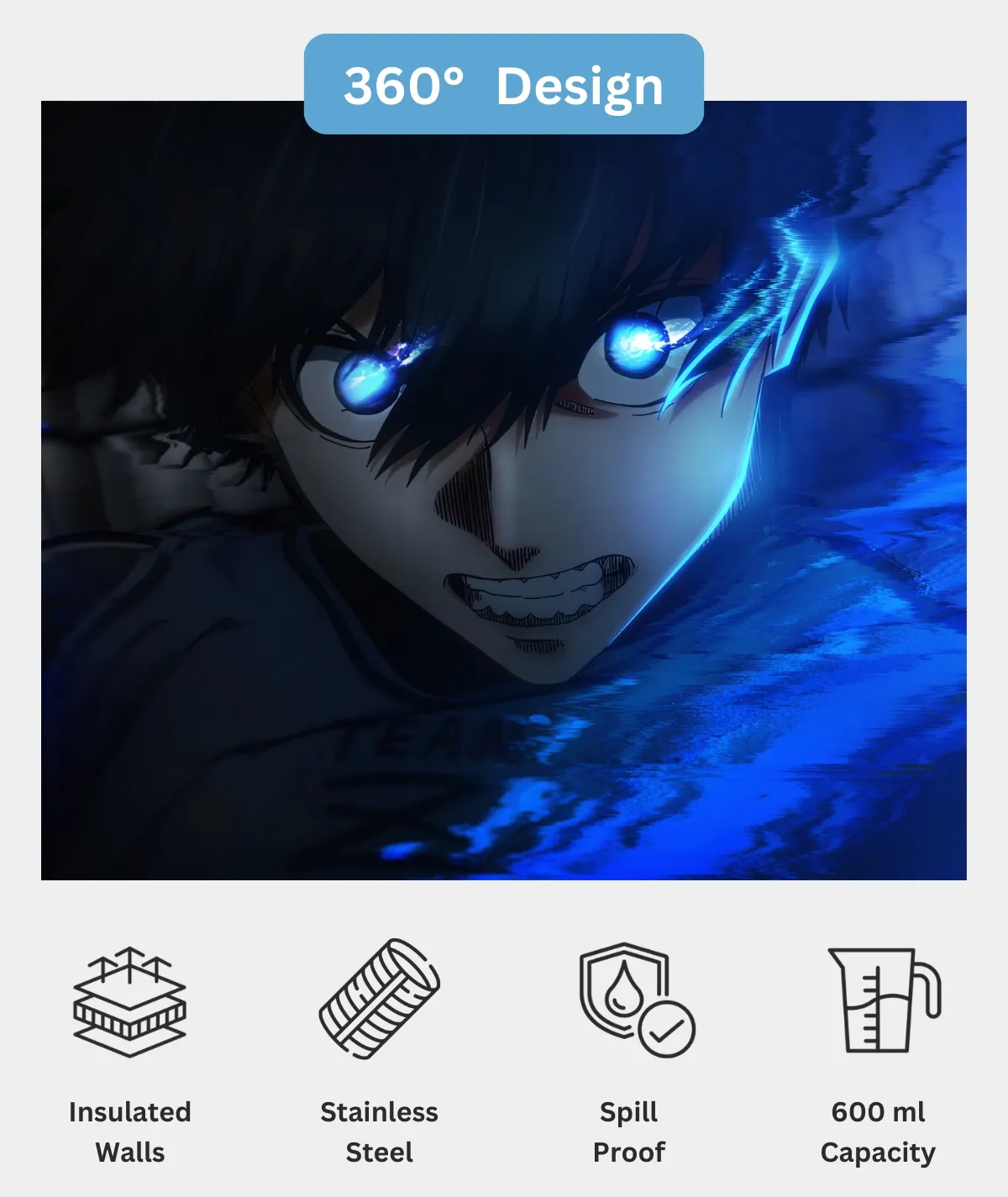 Isagi Yoichi Striker's Spirit Tumbler 360 design view - Full wrap-around anime artwork