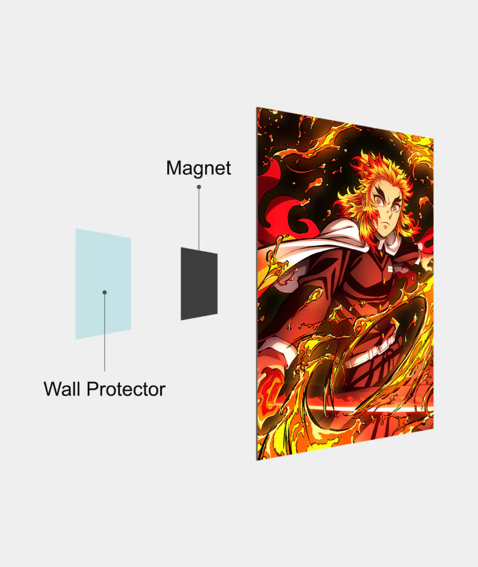 Kyojuro Rengoku Flame Hashira metal poster mounted on a wall - The Rengoku poster attached to a wall, radiating his fiery energy and dynamic presence