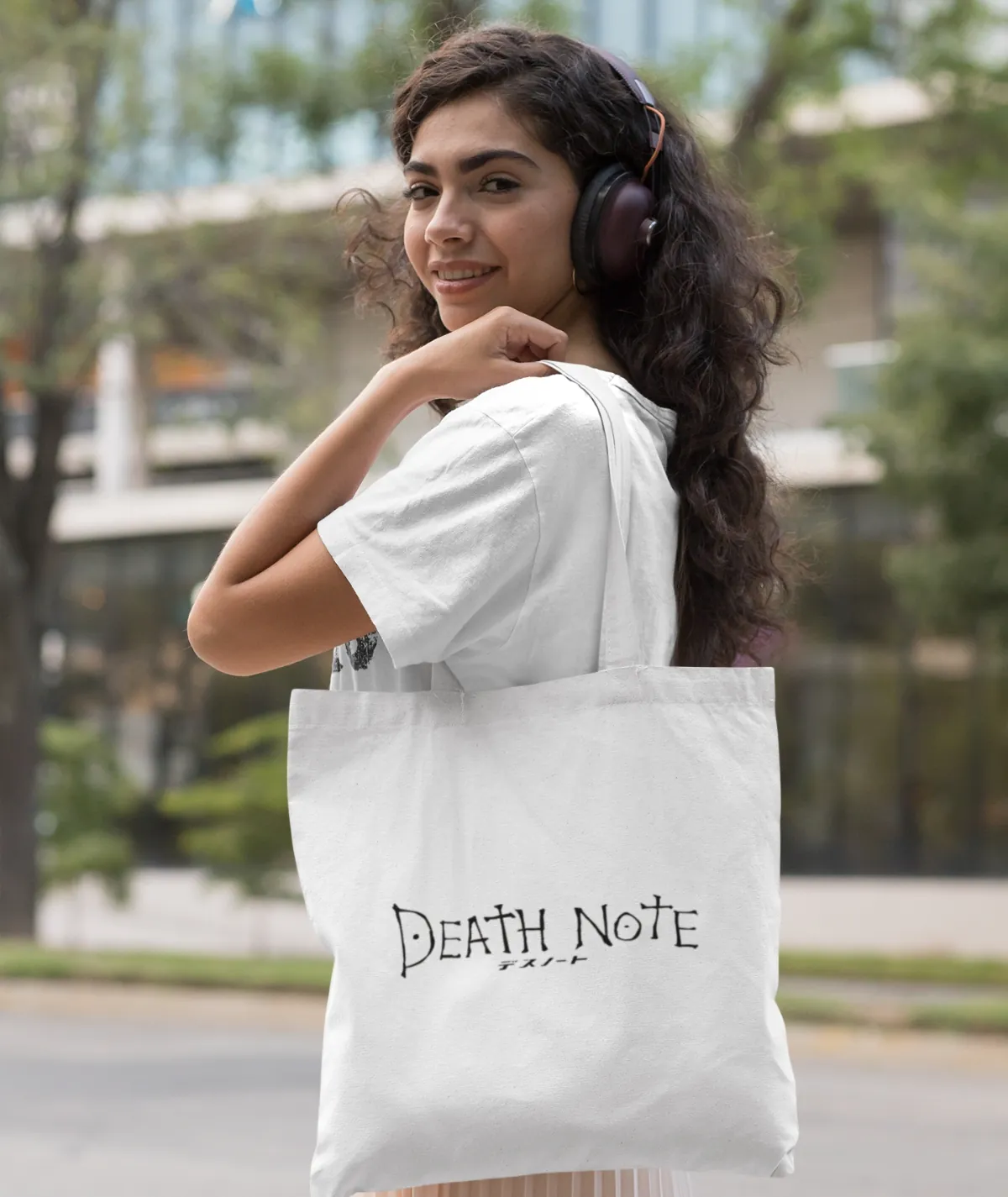 Woman Carrying Death Note White Totebag – Stylish and Practical Design Woman carrying Death Note white totebag