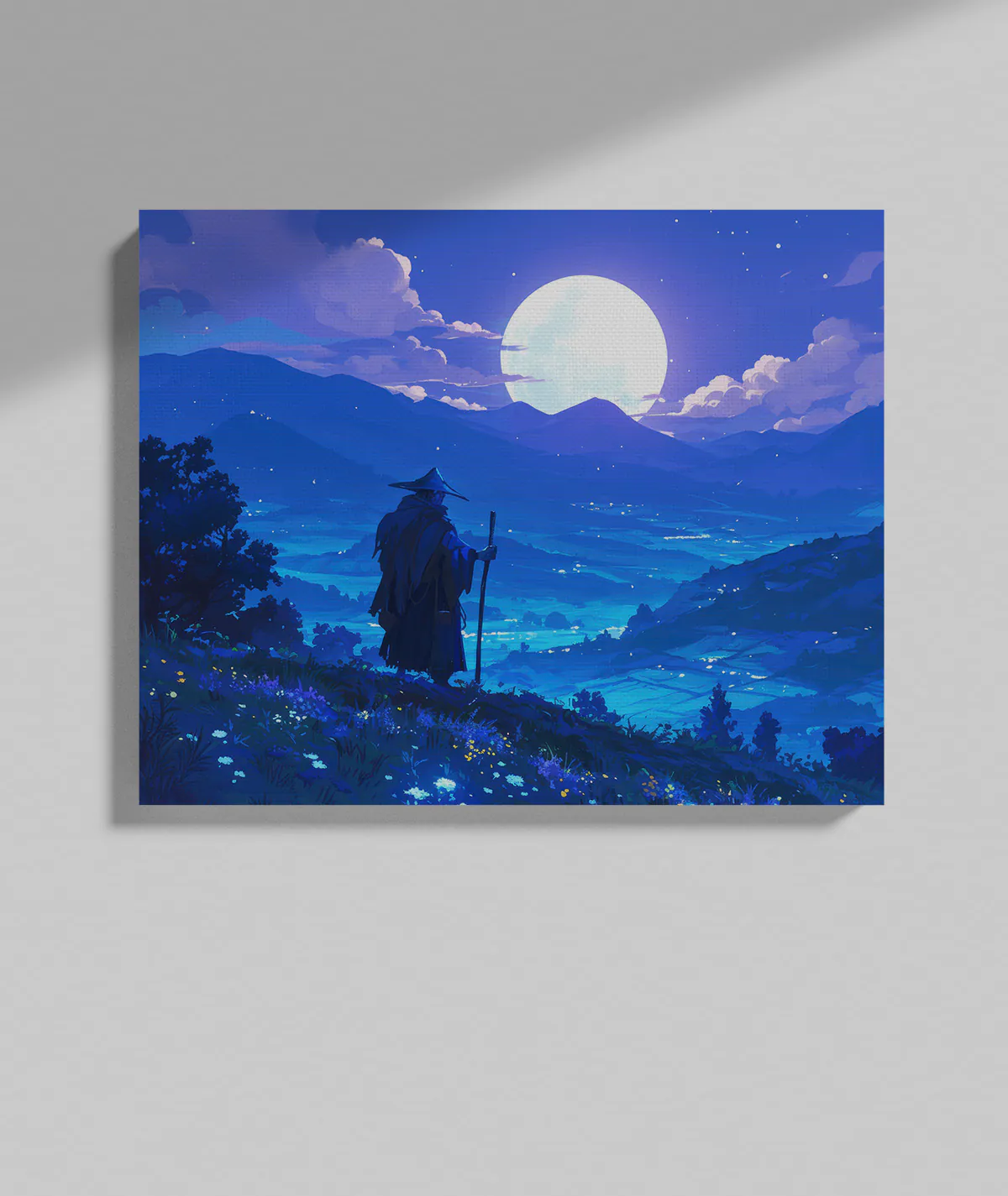 A Serene Night canvas poster on grey wall - Calm starry sky scene with a modern, peaceful backdrop