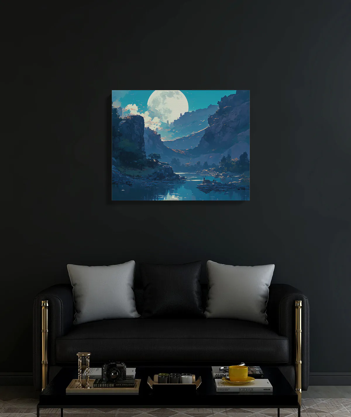 Glowing Moonrise canvas poster on black wall - Captivating moonrise scene with striking contrast and glowing light details