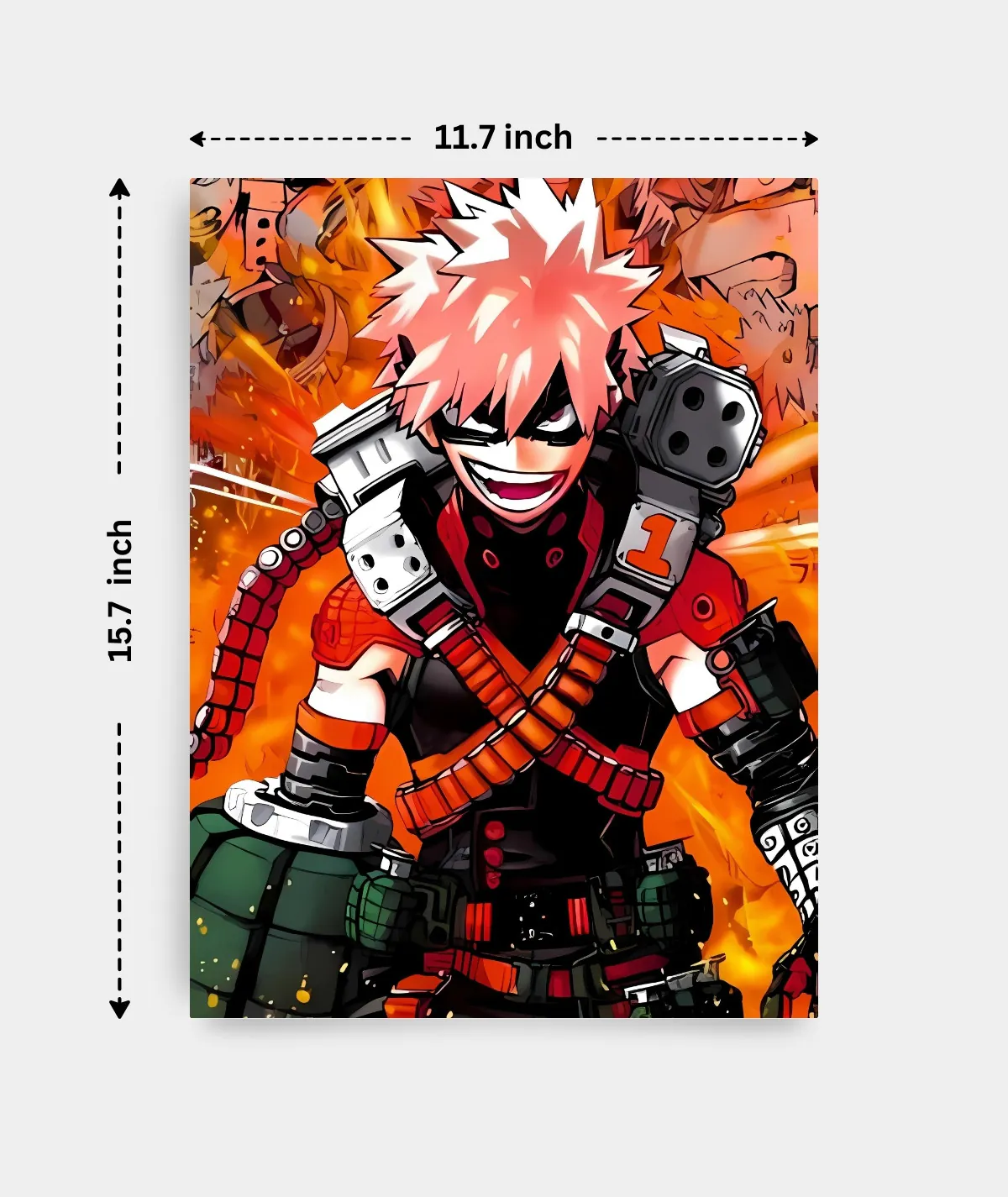 Katsuki Bakugo metal poster dimensions - Displaying the size and proportions of the Bakugo metal artwork