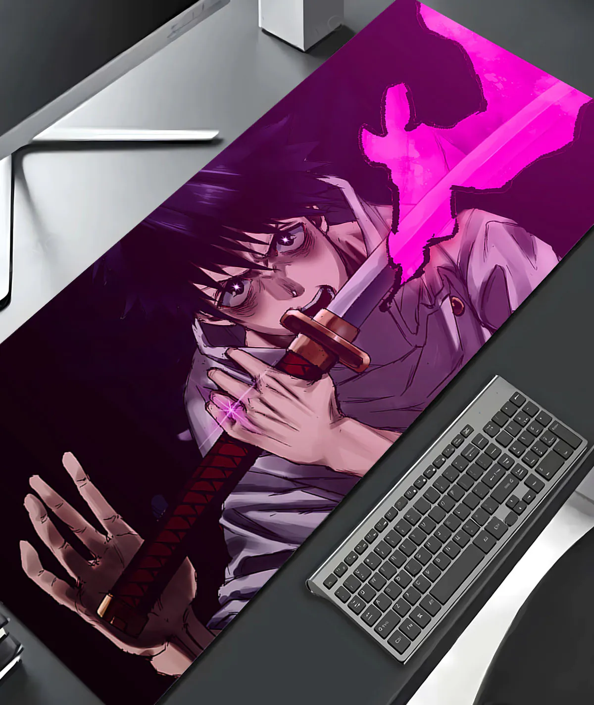 Yuta Purple Sword Flames Jujutsu Kaisen Gaming Mousepad on Anime Desktop Setup Yuta Purple Sword Flames Jujutsu Kaisen gaming mousepad on anime desktop setup - Stylish addition to gaming space
