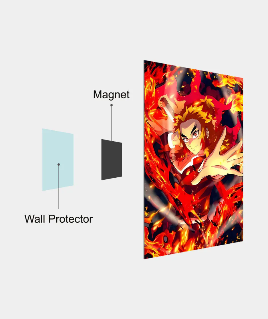 Kyojuro Rengoku metal poster mounted on a wall - Rengoku’s fiery pose displayed on the wall, full of energy and action