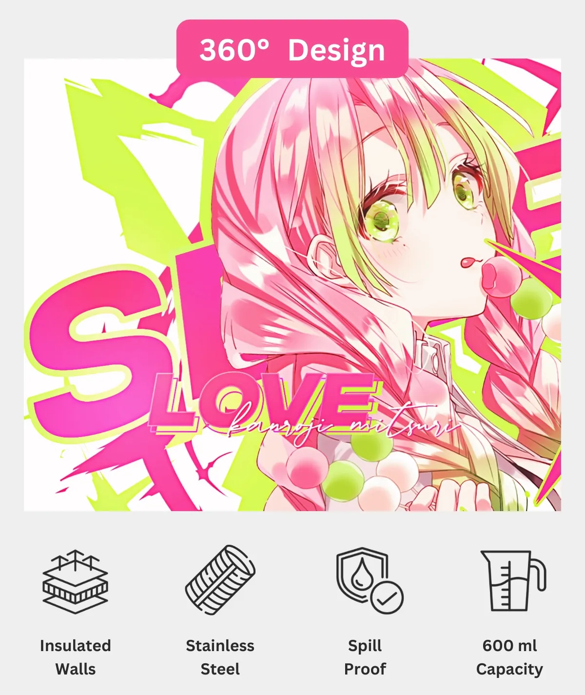 Cute Mitsuri Hashira tumbler 360 design view - Full wrap-around anime artwork