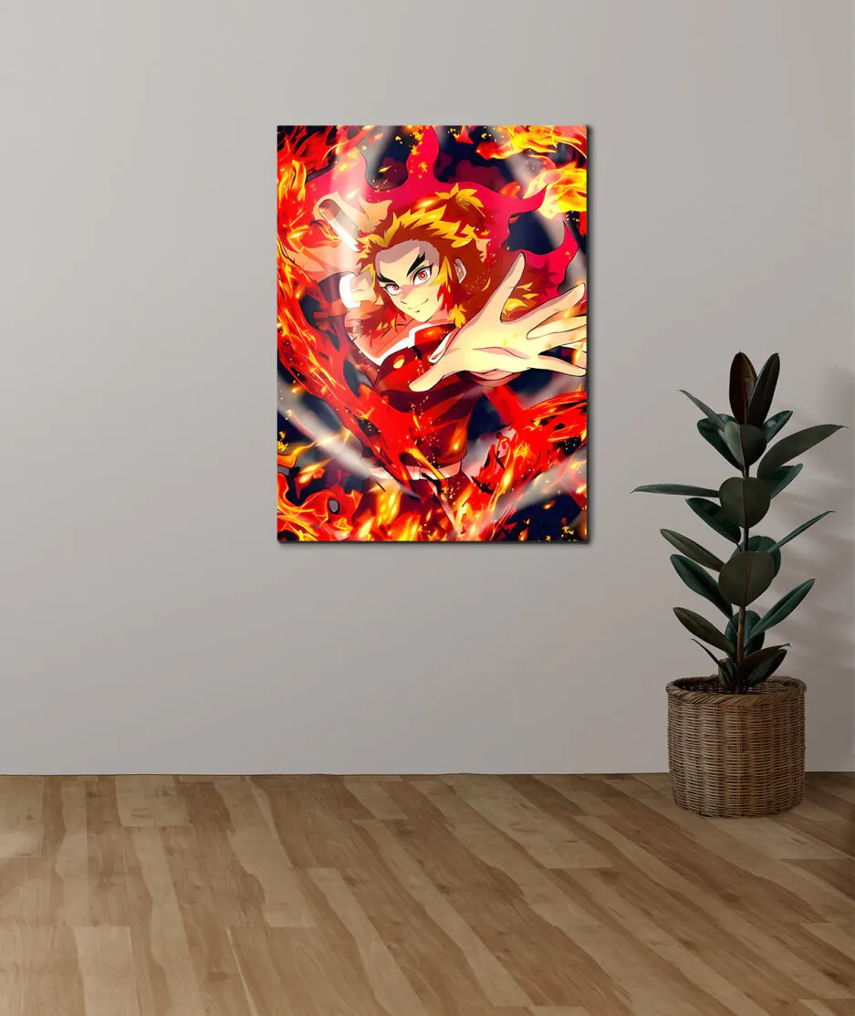 Kyojuro Rengoku metal poster on white wall - The Flame Hashira's action pose displayed on a clean white wall, bringing the scene to life