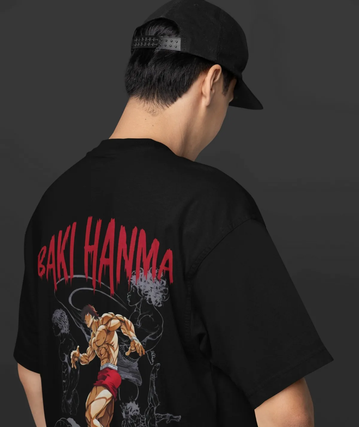 Baki Hanma Black Oversize T-Shirt – Back Design Baki Hanma black oversize t-shirt back design – dynamic anime artwork