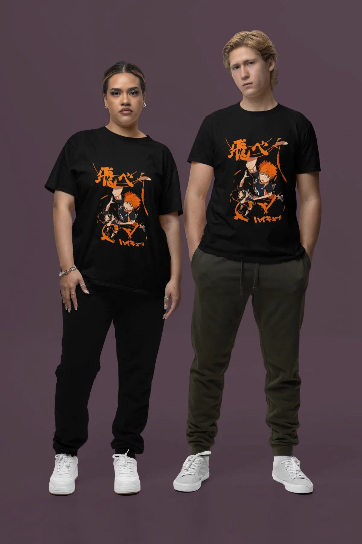 Minus Tempo Attack – The Haikyuu! Power Move Black Supima T-Shirt Worn by a Man and Woman