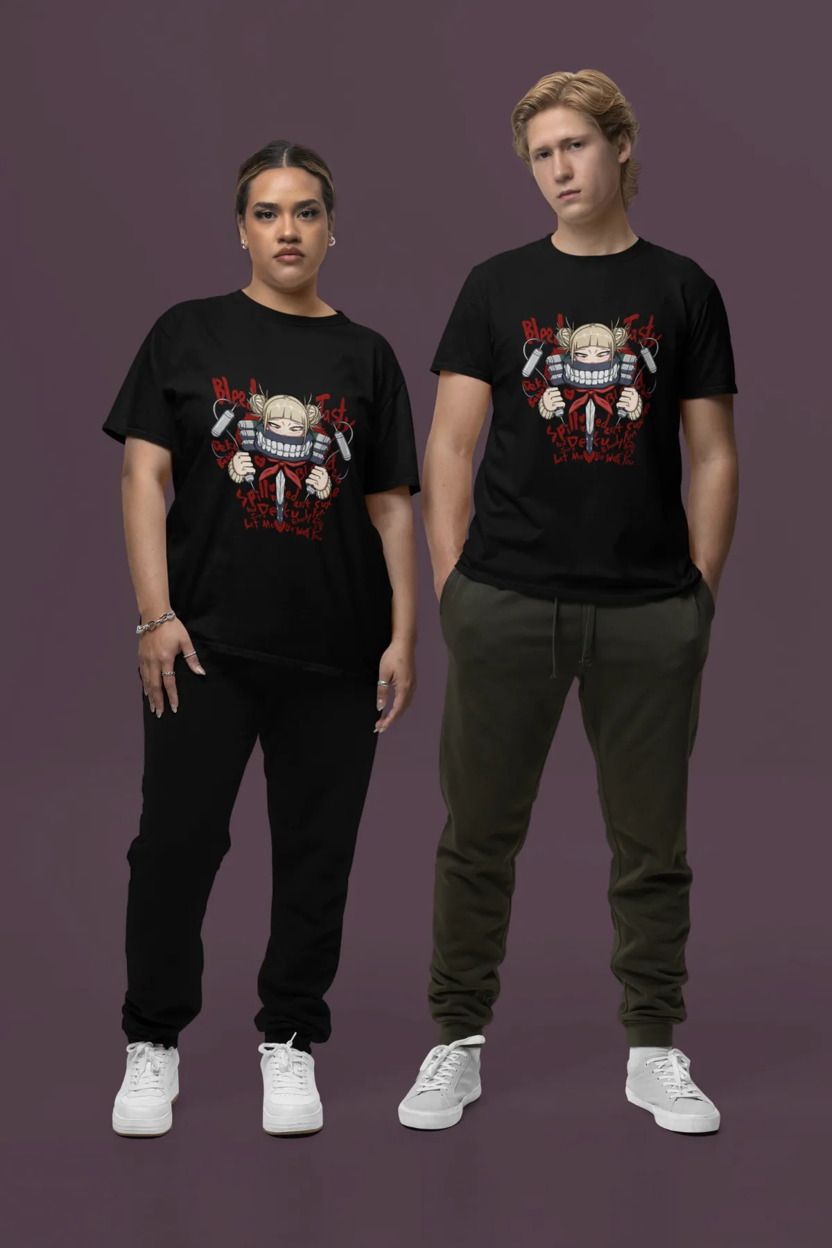 Himiko Toga Blood Lust – Embrace the Villainous Charm Black Supima T-Shirt Worn by a Man and Woman