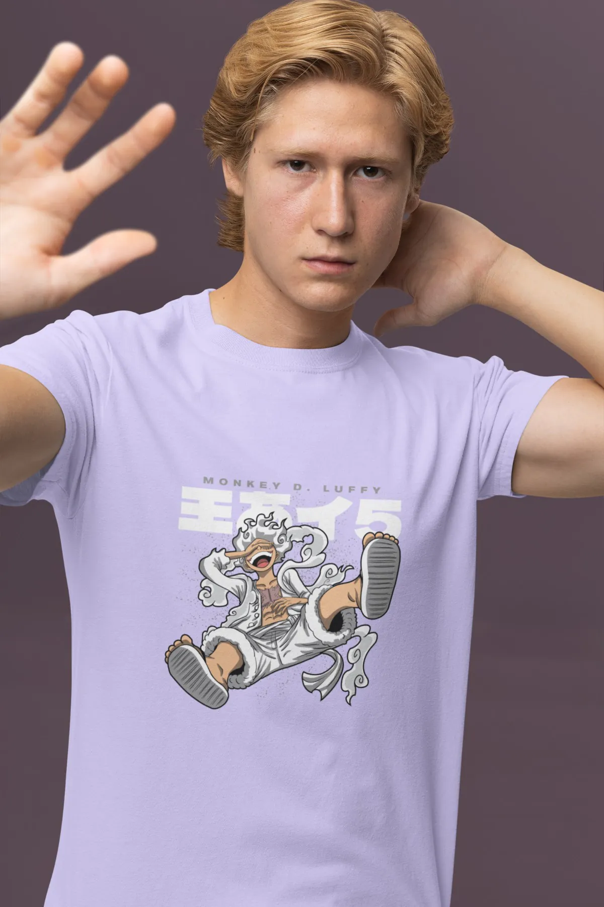 Luffy Gear 5 – Unleash the Power of the Sun God Lavender Supima Design | Fanpix Luffy Gear 5 – Unleash the Power of the Sun God Lavender Supima Unisex T-Shirt Front View