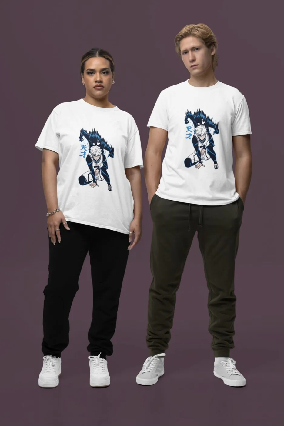 Nagi Seishiro – The Genius of Blue Lock White Supima T-Shirt Worn by a Man and Woman
