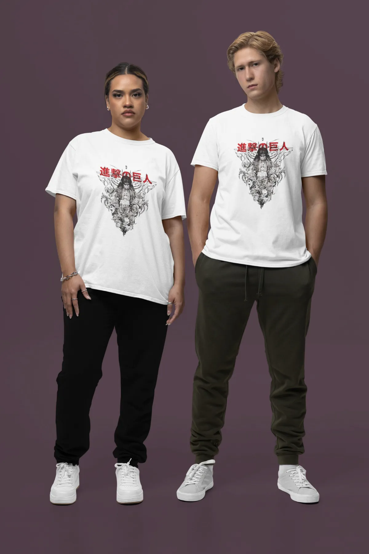 Attack On Titan – Courage Beyond the Walls White Supima T-Shirt Worn by a Man and Woman