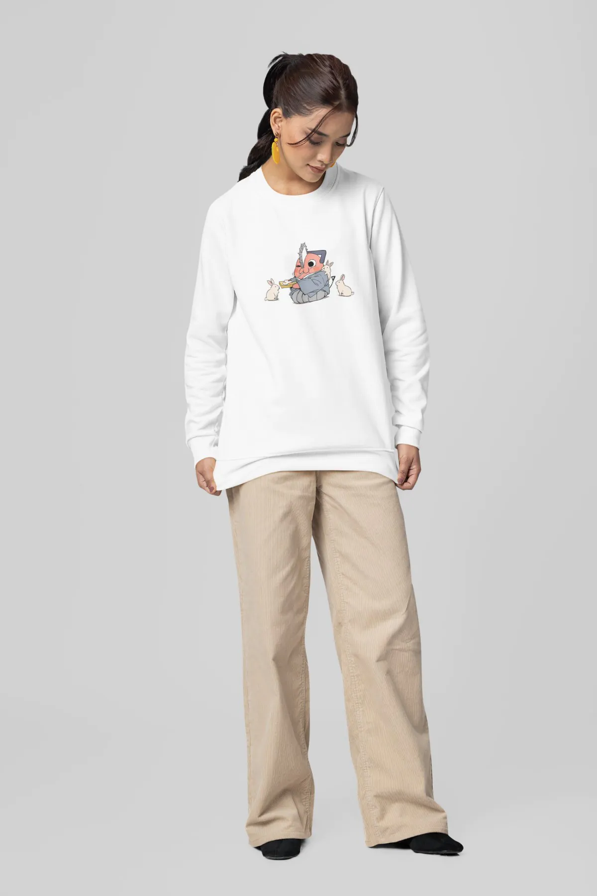 Woman wearing Pochita Chainsawman white sweatshirt