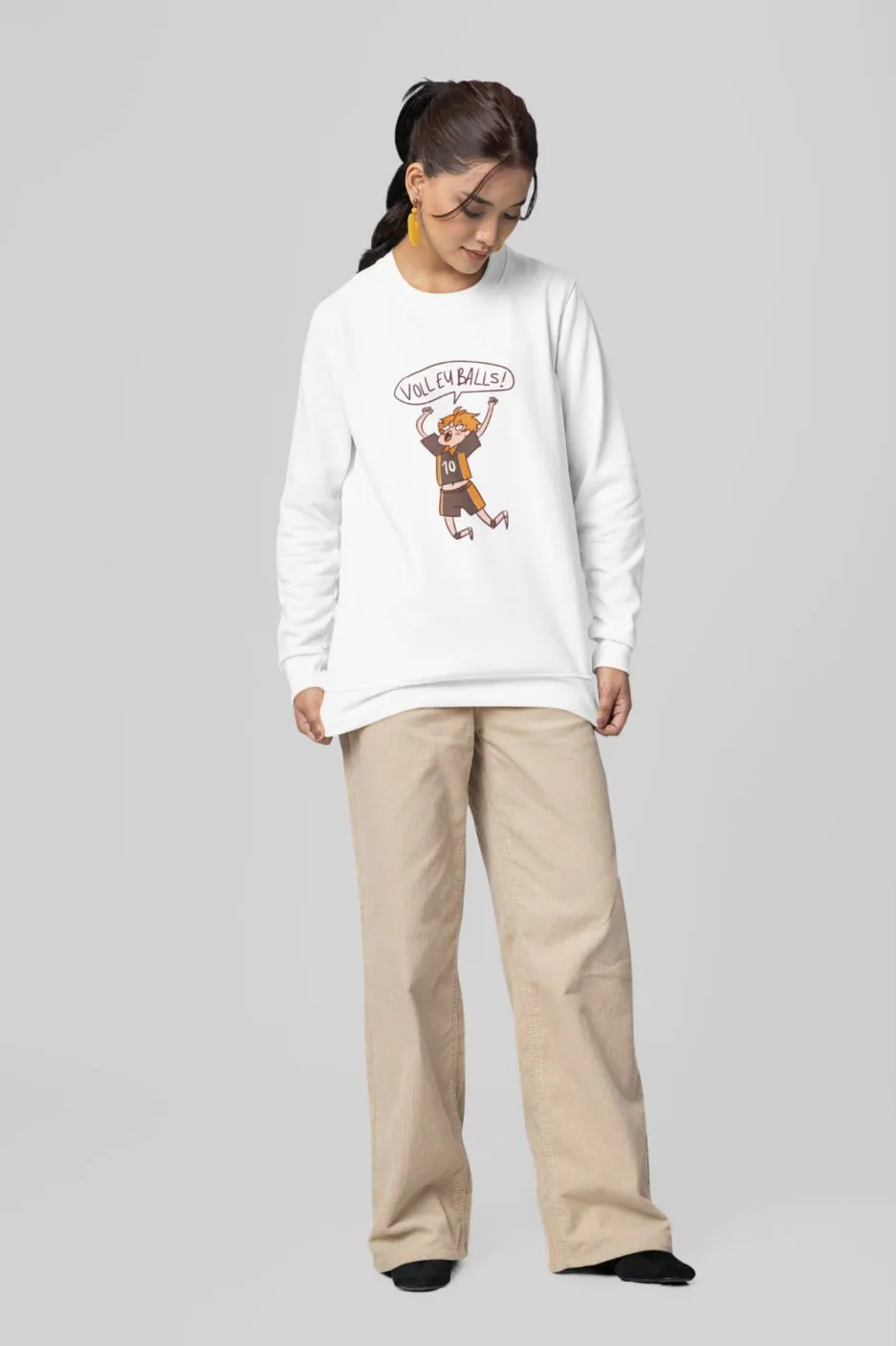 Woman wearing Hinata Cute Volleyball white sweatshirt